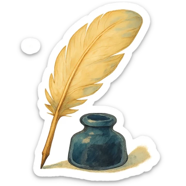 feather quill and ink bottle, soft painterly textures, whimsical and creative sticker