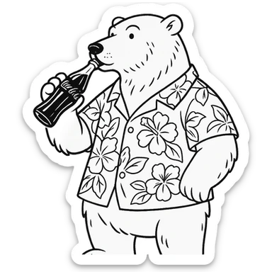 hand-drawn outline style polar bear in a Hawaiian shirt drinking Coca Cola sticker