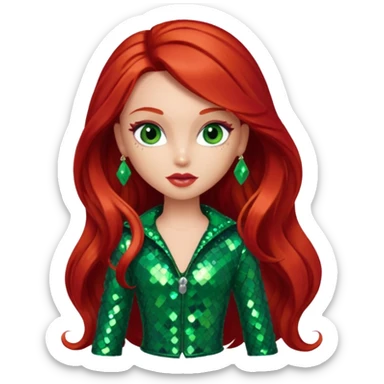 Meygan from Bratz with long red hair and green sequin outfit sticker