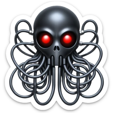 network of dark black wires and tubes forming a surreal occult creature, wrapped in black rags and bondage, Giger-inspired sticker