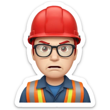 engineer with red helmet, angry expression, annoyance, furious, glasses sticker