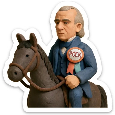 Polk riding a dark horse, campaign ribbon, soft pastel colors, claymation style sticker