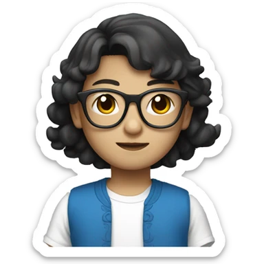 chinese boy with blue skirt and white tee，with black glasses sticker