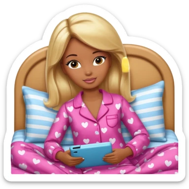 Brown skin blonde hair Barbie in pajamas in bed sticker