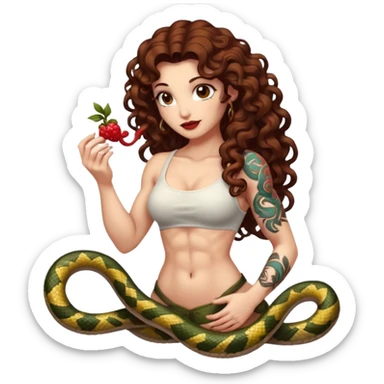 full body woman long curly brown hair brown eyes white skin tattoos muscular build feeding snake a glowing berry sticker