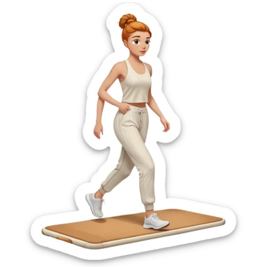 Gorgeous Ginger girl messy bun walking on walking pad cream gym outfit sweatpants sticker