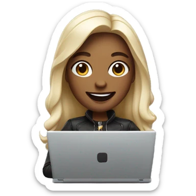 memoji of a cool woman smiling and has a laptop sticker