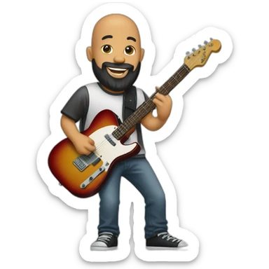 bald and black beard guitarrist with a fender telecaster sticker