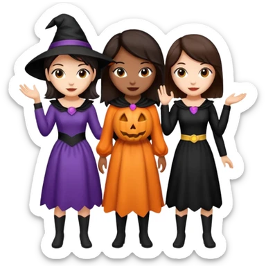 Three best girlfriends cute Halloween with dark brown hair. One African-American, one Asian, one Caucasian. sticker
