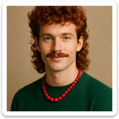handsome red-haired man with curly mullet and mustache, green sweater, red necklace, stylish and charming sticker