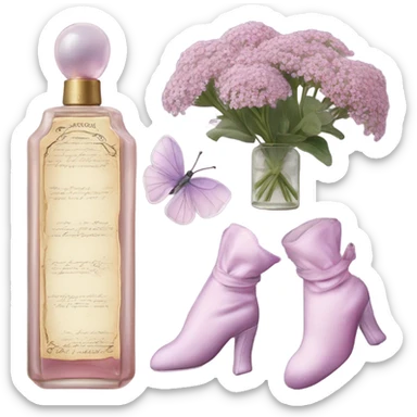 Aesthetic setup of pastel pink alyssum, a charming antique violet perfume bottle, a romantic letter, and lilac velvet gloves. sticker