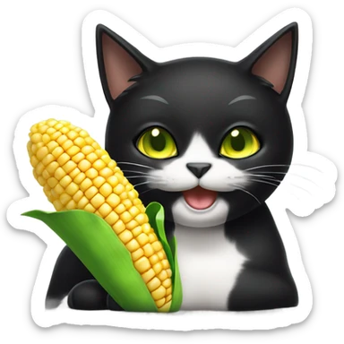 Black cat with green/yellow eyes next to a cob of corn sticker