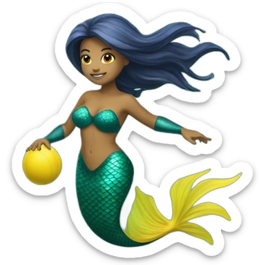 Underwater mermaid swimming with fins, snorkel equipement, holding a small yellow ball, looking strong and fighting sticker