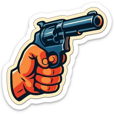 male hand holding a revolver, retro stickers style, sharp black outlines, expressive shadows and highlights, no gradients, only sharp color transitions sticker