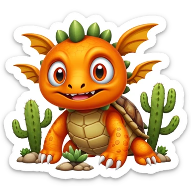 An orange creature with fangs, alien googly eyes, claws, wings, with white dots, and a turtle shell. it looks strong. with a lion face and cactus hands sticker