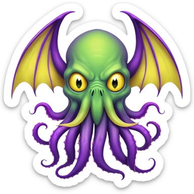 light green Cthulhu with purple bat wings and purple gradient tentacles. Yellow angry eyes. yellow suckers on tentacles. dramatic ominous shading sticker