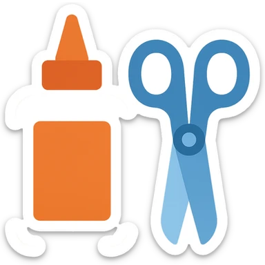 bottle of glue with orange label and tip and a pair of blue scissors, flat toon vector illustration sticker