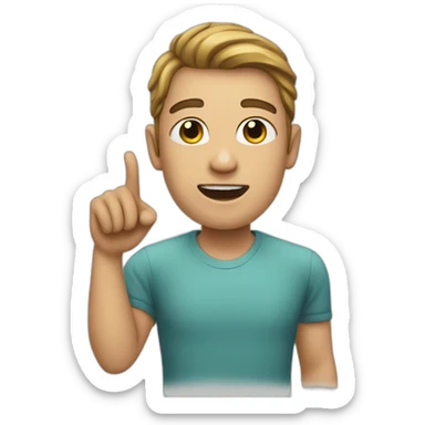 A person with a very marked jaw, pointing at it sticker