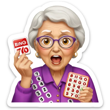 Grandma yelling BINGO holding bingo card sticker