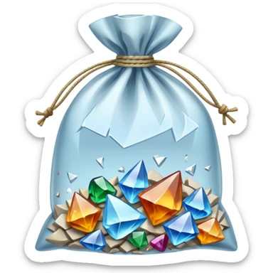 A transparent baggie tied at the top containing clear glass pieces crushed into shards and chunks of crystal clear glass only sticker