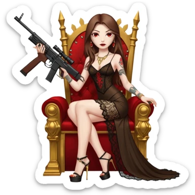 Lilith female red eyes symbol. Tattoo arms. Her hair is brown straight long hair.wearing sexy long  lace dress with slit. black stiletto platform high heels shoes on. Sitting on gold throne with rubies sniper rifle in one hand cash in other hand sticker