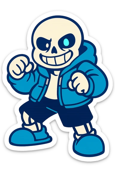 Sans from Undertale in a fighting pose, blue and white color palette sticker