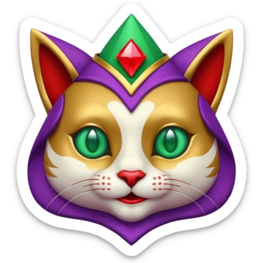 crazy colorful cute little cat jolly joker from poker, medieval, vintage, court jester, mac os icon, purple, gold and red color, half body, emerald green ice eyes. Squared shape as 3D mac os icon, symmetrical sticker