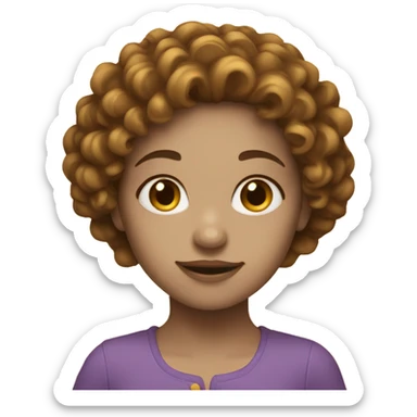 A girl with white skin with brown curly hair with a golden strand sticker