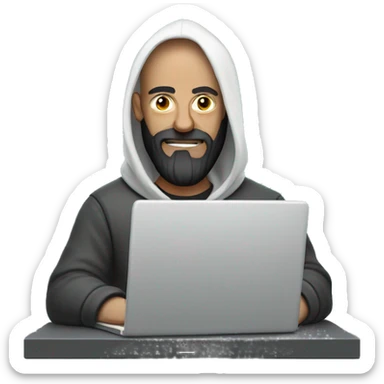 heavy set white bald guy with long dark beard in a hoodie behind a laptop sticker
