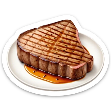 Cinematic thick-cut scotch t-bone steak, perfectly seared with grill marks, a grilled center, rich and savory, warm glow, sizzling and mouthwatering, highly detailed and appetizing. sticker
