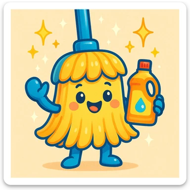 A cheerful mop character holding a bottle of cleaning syrup, with sparkles around, in a cute, colorful style sticker