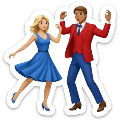 Two people. Man wearing all  RED with brown hair. Women  ALL blue with blond hair. Swing Dancing.  sticker