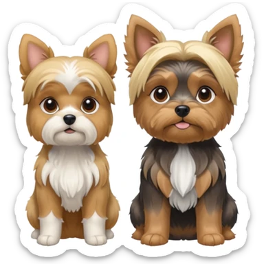 Generate a blue and tan purebred yorkie with a blonde shi tzu yorkie mix with floppy ears sitting next to each other. Make them the same soze sticker