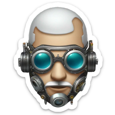 Bald cyborg head with silver steampunk goggles, white beard and circuits sticker