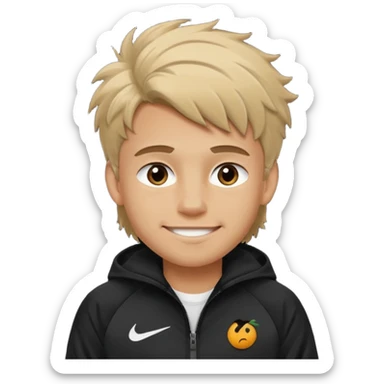 make a boy with fluffy dirty blond hair hazel eyes tan white smirky smile and nike tech sticker