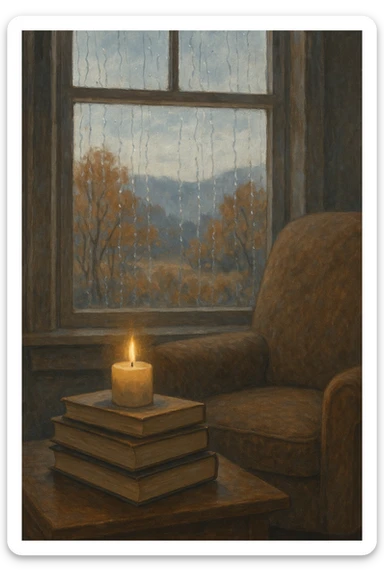 stack of books, a lit candle, and a cozy armchair by a window with rain streaks and autumn scenery in cool, muted colors sticker