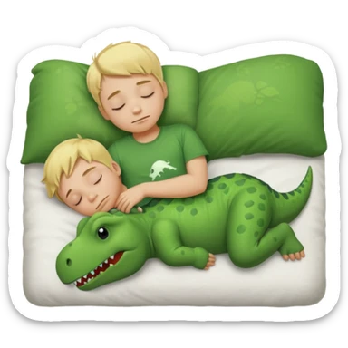 Blond boy sleeping wearing green dinosaur t-shirt sticker