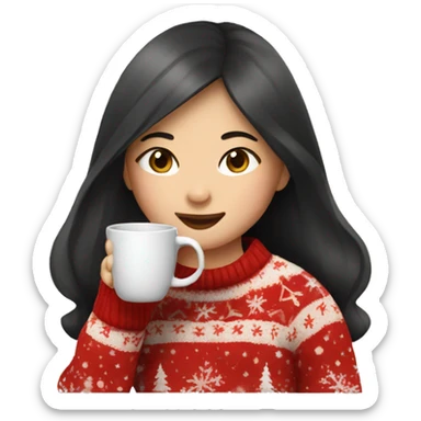 asian girl drinking coffee wearing Christmas sweater sticker