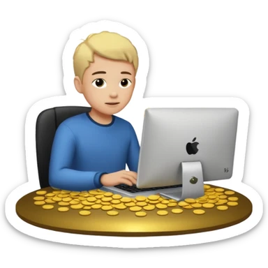 sujeto en su computadora con particulas de dinero alrededor sticker