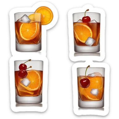 Short old fashioned glass, whiskey cocktail cherry, ice cubes, orange peel twist sticker