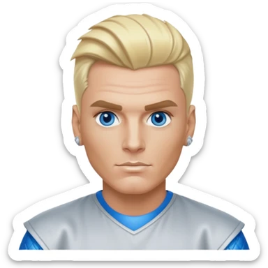 Vanilla Ice with blue eyes, blonde hair, silver outfit sticker