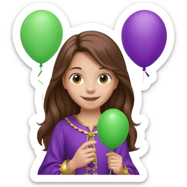 girl with long brown hair and purple costumes, holding green balloon sticker