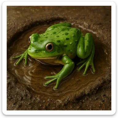 Make the muddy puddle with a small frog look more realistic with detailed water and mud textures, natural reflections, and a lifelike frog, keeping the transparent background. sticker