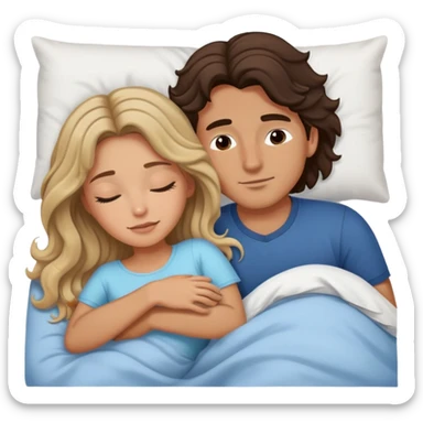 Man with dark brown wavy hair and one woman with long dark blonde hair in bed cuddling and sleeping  sticker