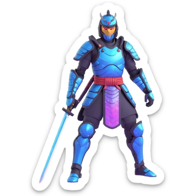 cyborg male samurai in neon cyberpunk environment with holographic armor sticker