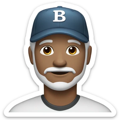 blue eyed man, with grey hair,  grey goatee, wearing ball cap, holding ‘all black long hair chihuahua’ sticker