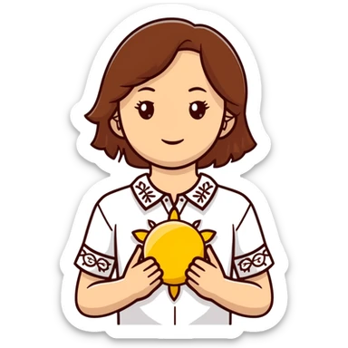 A young Ukrainian girl with brown hair wearing a traditional white embroidered shirt carefully holds a bright sun in her hands sticker