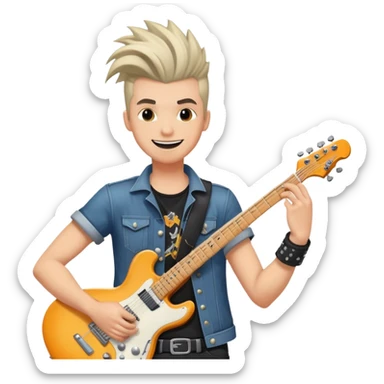 Rockstar musician with a confident smile looking up, electric guitar, cool hairstyle, rock and roll attitude sticker