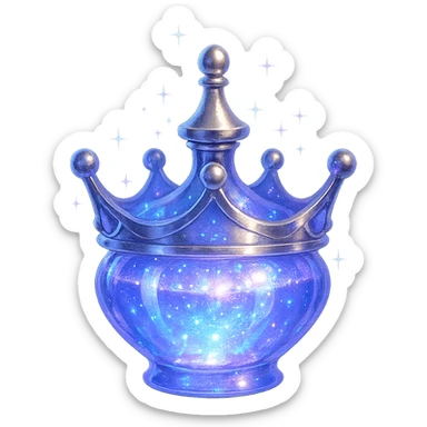 small crown-shaped luxurious elixir bottle, color #7986cb, iridescent and silver details, intense magical glowing and sparkling effects, very small neck, seamless bottom, transparent background, floating, no base or shadow, modern, matching a collection sticker