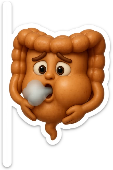 emoji stile iphone di un intestino che ingoia una nuvoletta di aria ben visibile e gli si gonfia la pancia, non fargli il naso, iperrealistico 4k sticker